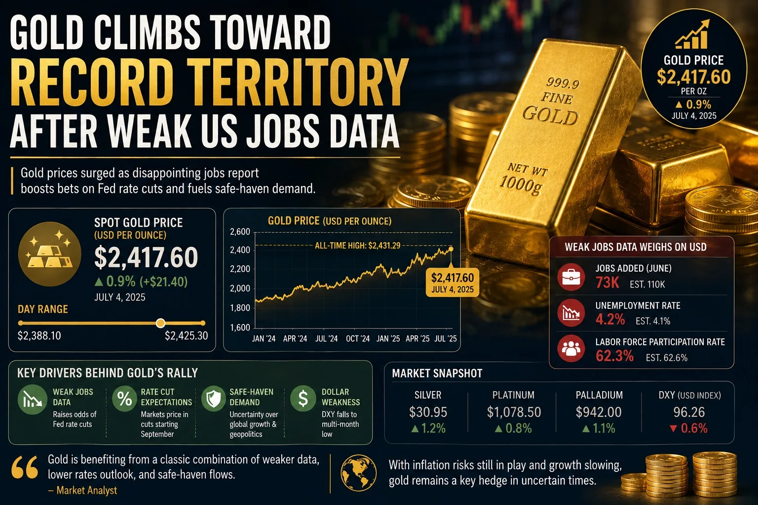 Gold Climbs Toward Record Territory After Weak US Jobs Data