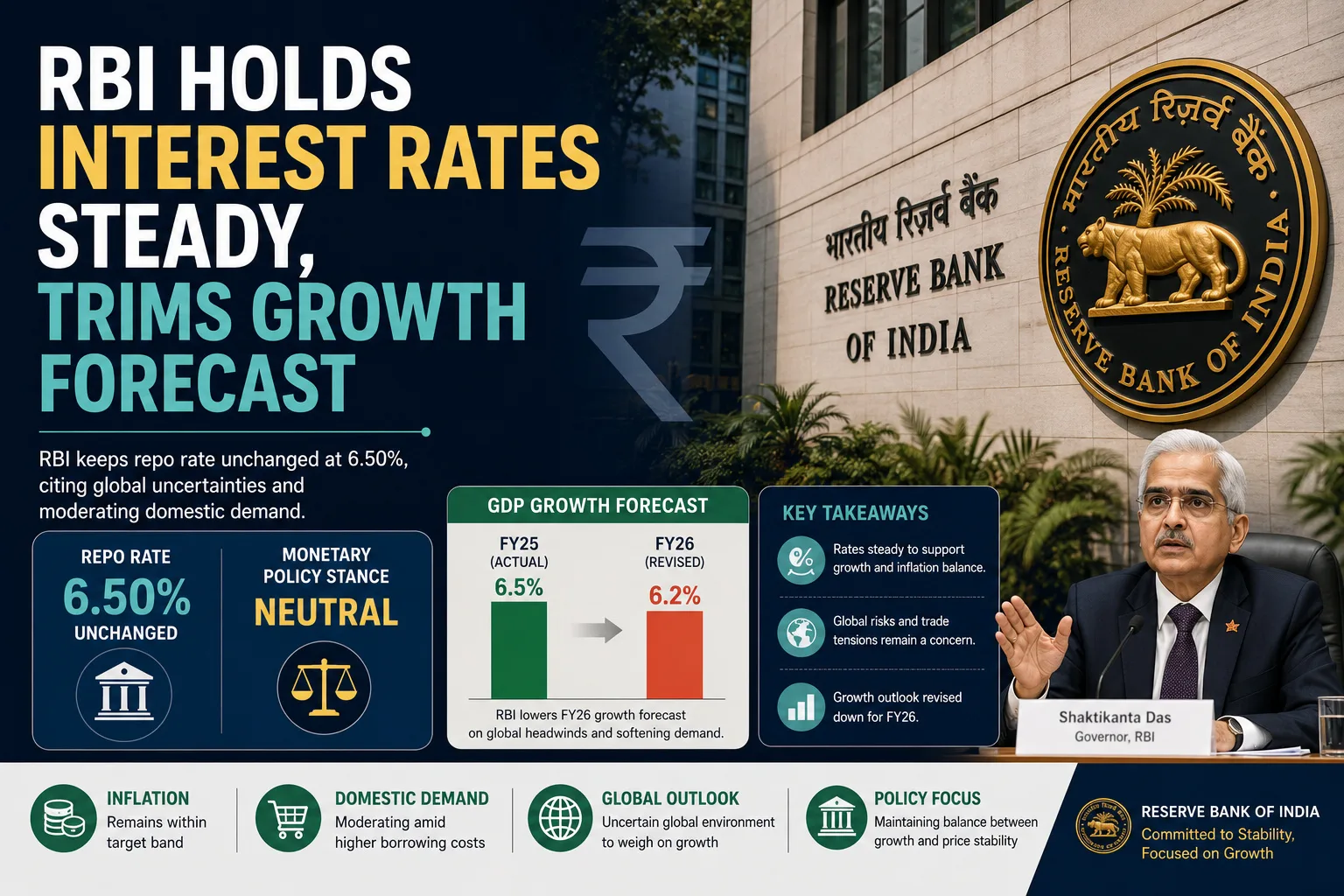 RBI Holds Interest Rates Steady, Trims Growth Forecast