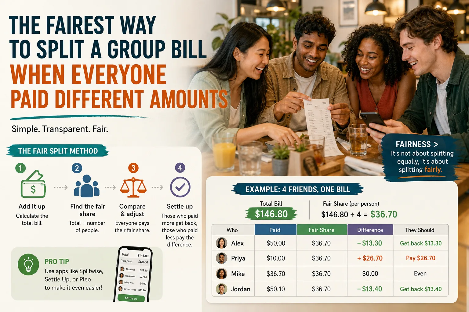 The Fairest Way to Split a Group Bill When Everyone Paid Different Amounts